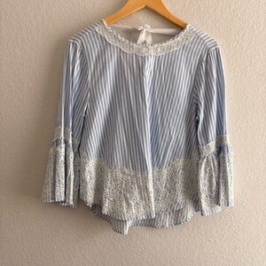Zara Blue and White Striped Lace Blouse